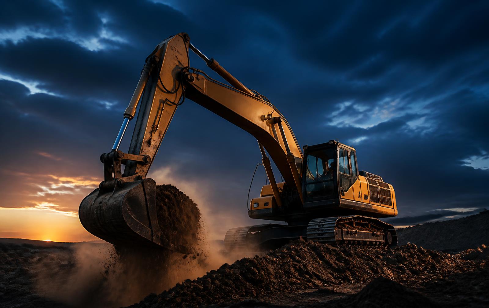 Excavatrice au travail sur un chantier au crépuscule